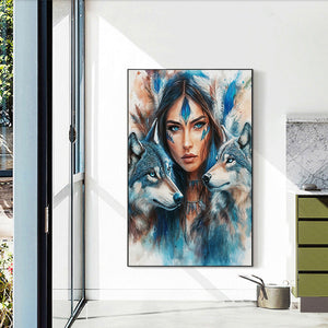 Indian Woman Double Wolf 40*60CM(Canvas) Full Round Drill Diamond Painting