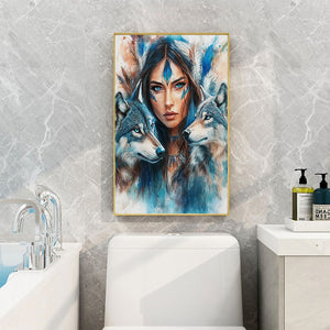 Indian Woman Double Wolf 40*60CM(Canvas) Full Round Drill Diamond Painting