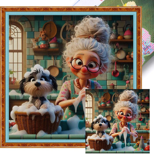 Grandma Bathing Dog - Full 11CT Stamped Cross Stitch 50x50CM - Huacan