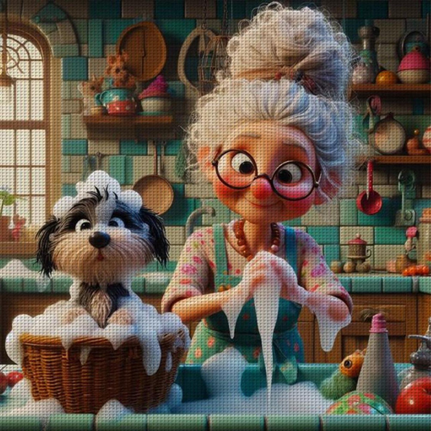 Grandma Bathing Dog - Full 11CT Stamped Cross Stitch 50x50CM - Huacan