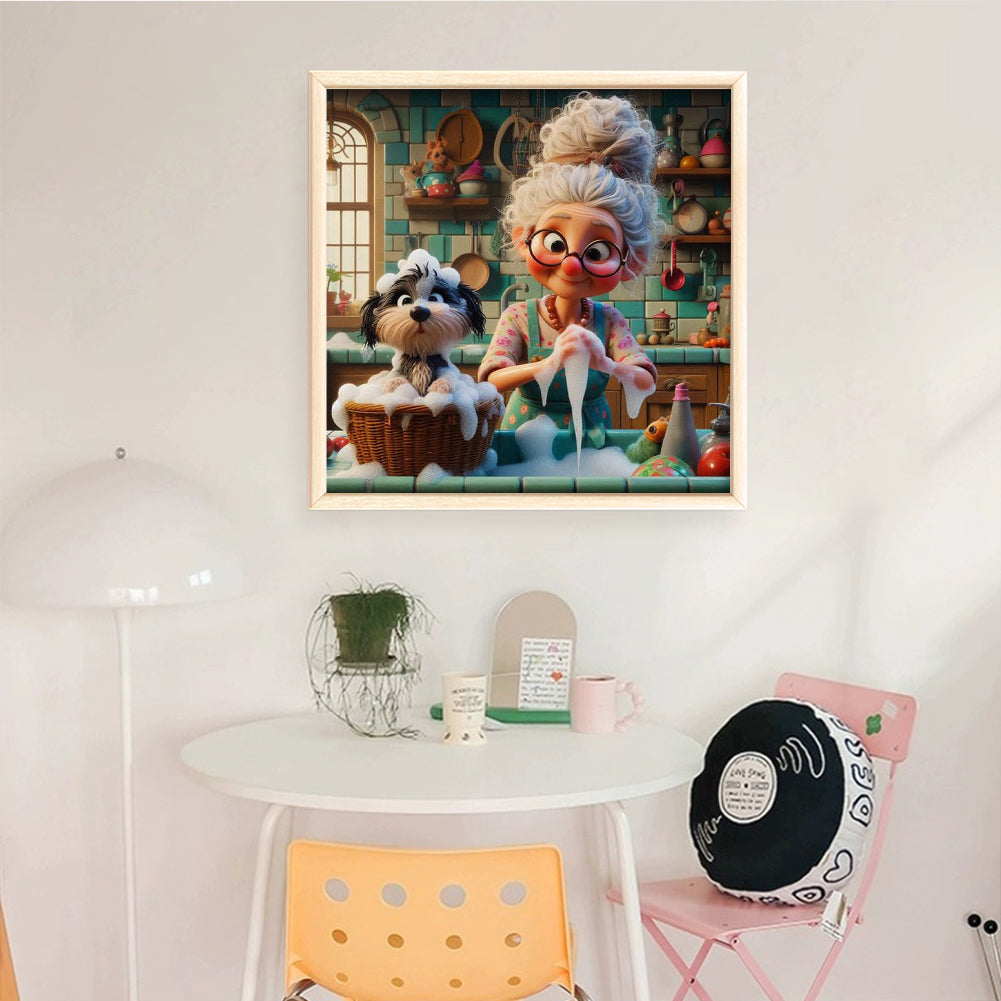 Grandma Bathing Dog - Full 11CT Stamped Cross Stitch 50x50CM - Huacan