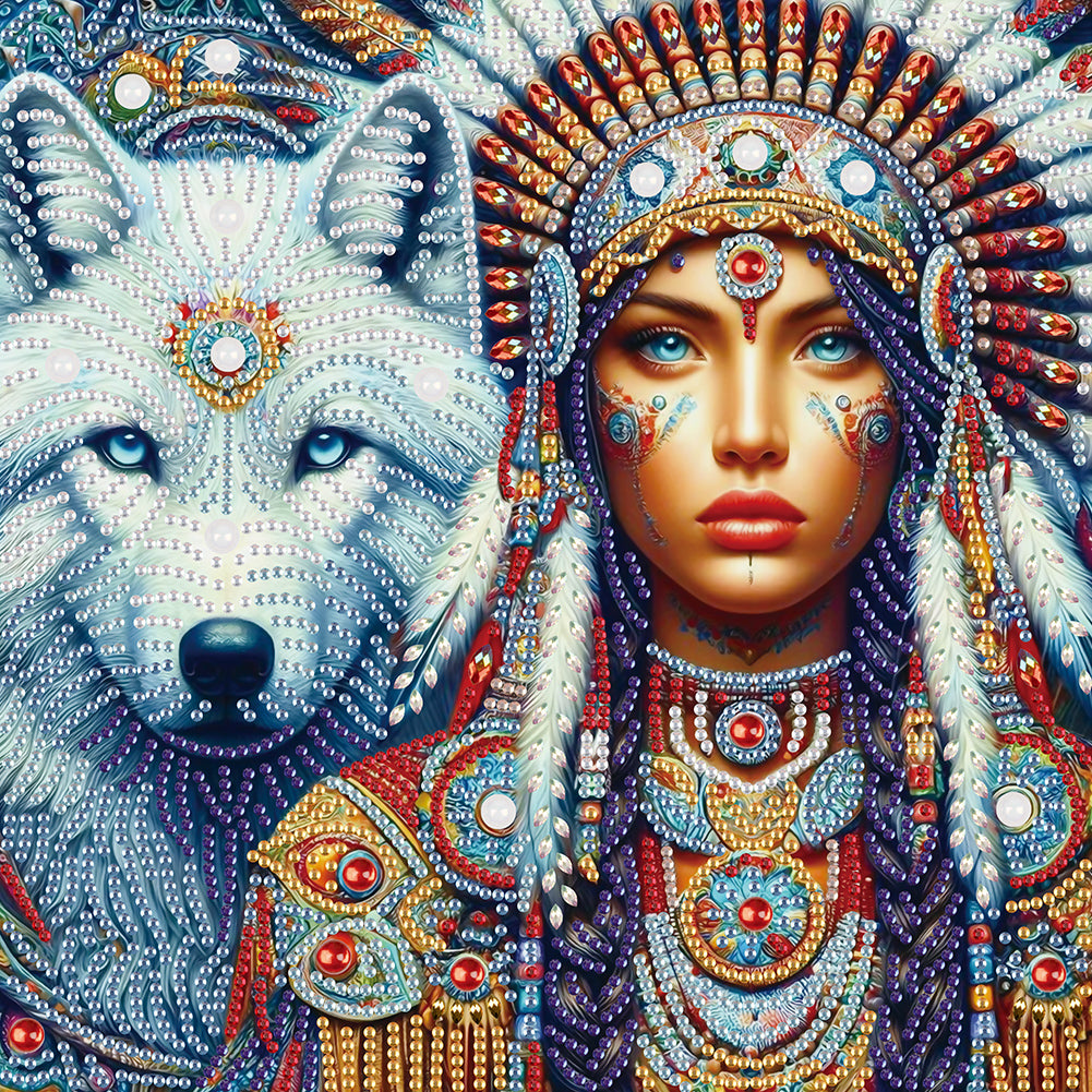 Indian Woman And White Wolf 30*30CM(Canvas) Partial Special Shaped Drill Diamond Painting