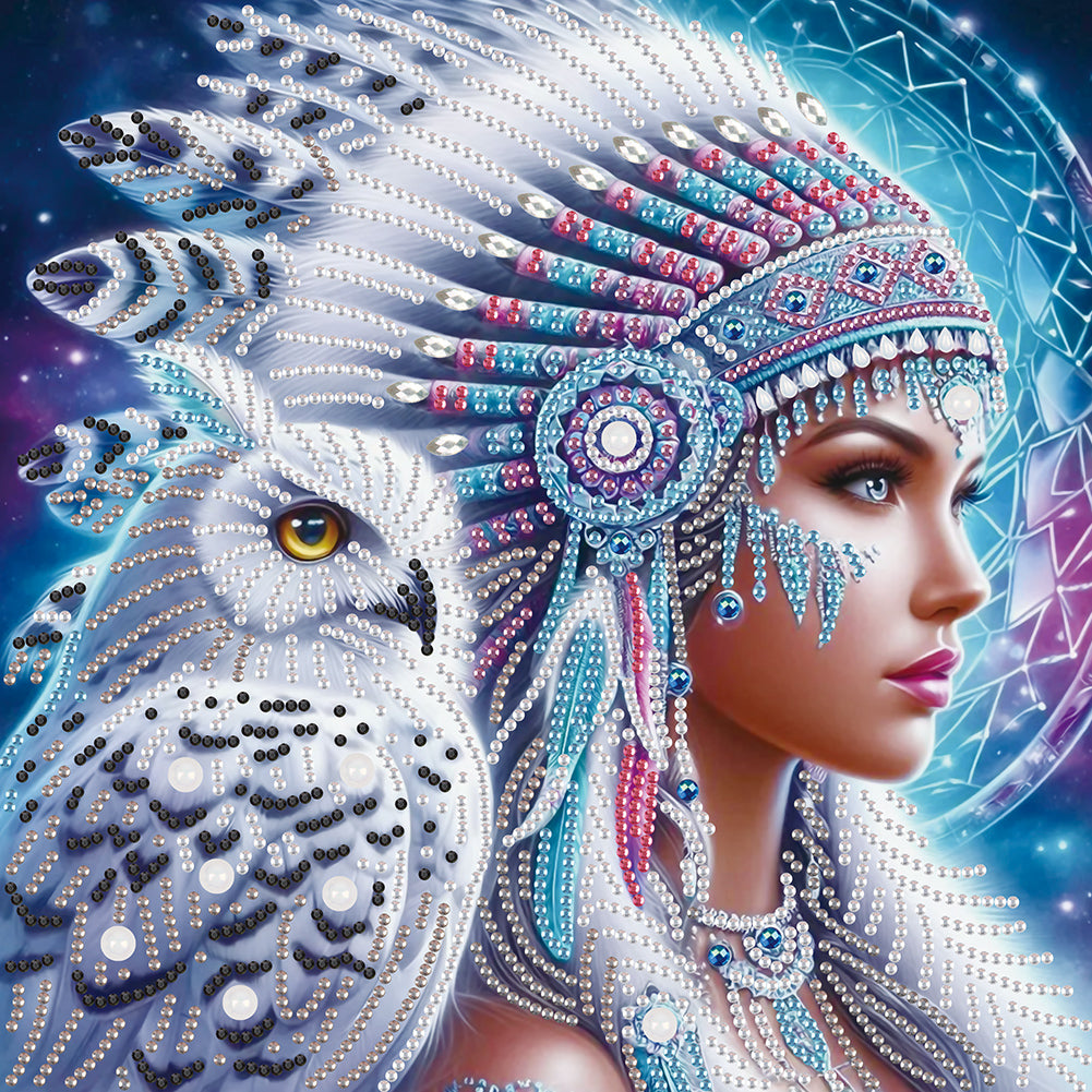 Indian Woman And White Owl 30*30CM(Canvas) Partial Special Shaped Drill Diamond Painting