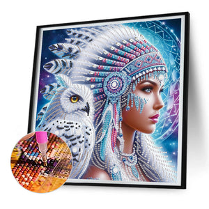 Indian Woman And White Owl 30*30CM(Canvas) Partial Special Shaped Drill Diamond Painting