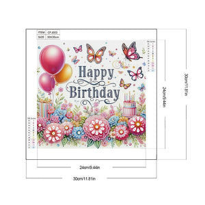 Happy Birthday Flowers And Butterflies 30*30CM(Canvas) Partial Special Shaped Drill Diamond Painting