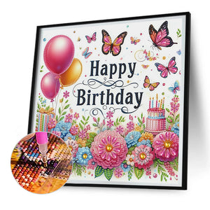 Happy Birthday Flowers And Butterflies 30*30CM(Canvas) Partial Special Shaped Drill Diamond Painting