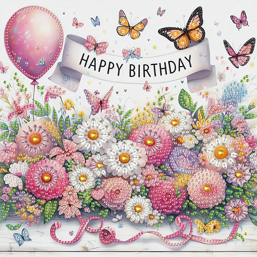 Happy Birthday Flowers And Butterflies 30*30CM(Canvas) Partial Special Shaped Drill Diamond Painting