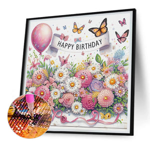 Happy Birthday Flowers And Butterflies 30*30CM(Canvas) Partial Special Shaped Drill Diamond Painting