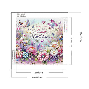 Happy Birthday Flowers And Butterflies 30*30CM(Canvas) Partial Special Shaped Drill Diamond Painting