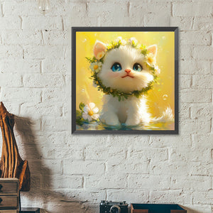 White Cat With Wreath 40*40CM(Canvas) Full Round Drill Diamond Painting