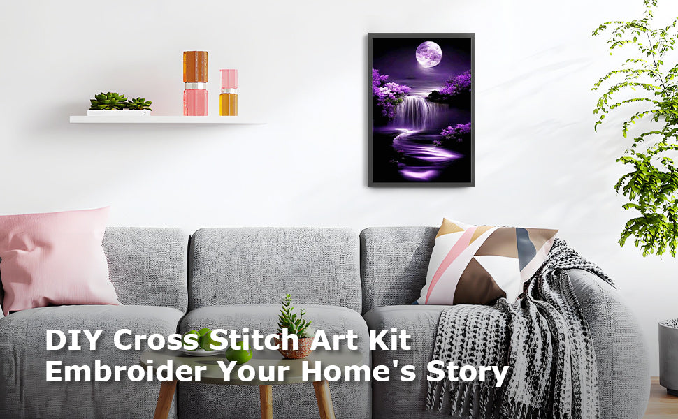 Purple Full Moon And Waterfall - Full 14CT Stamped Cross Stitch 40x60CM - Huacan