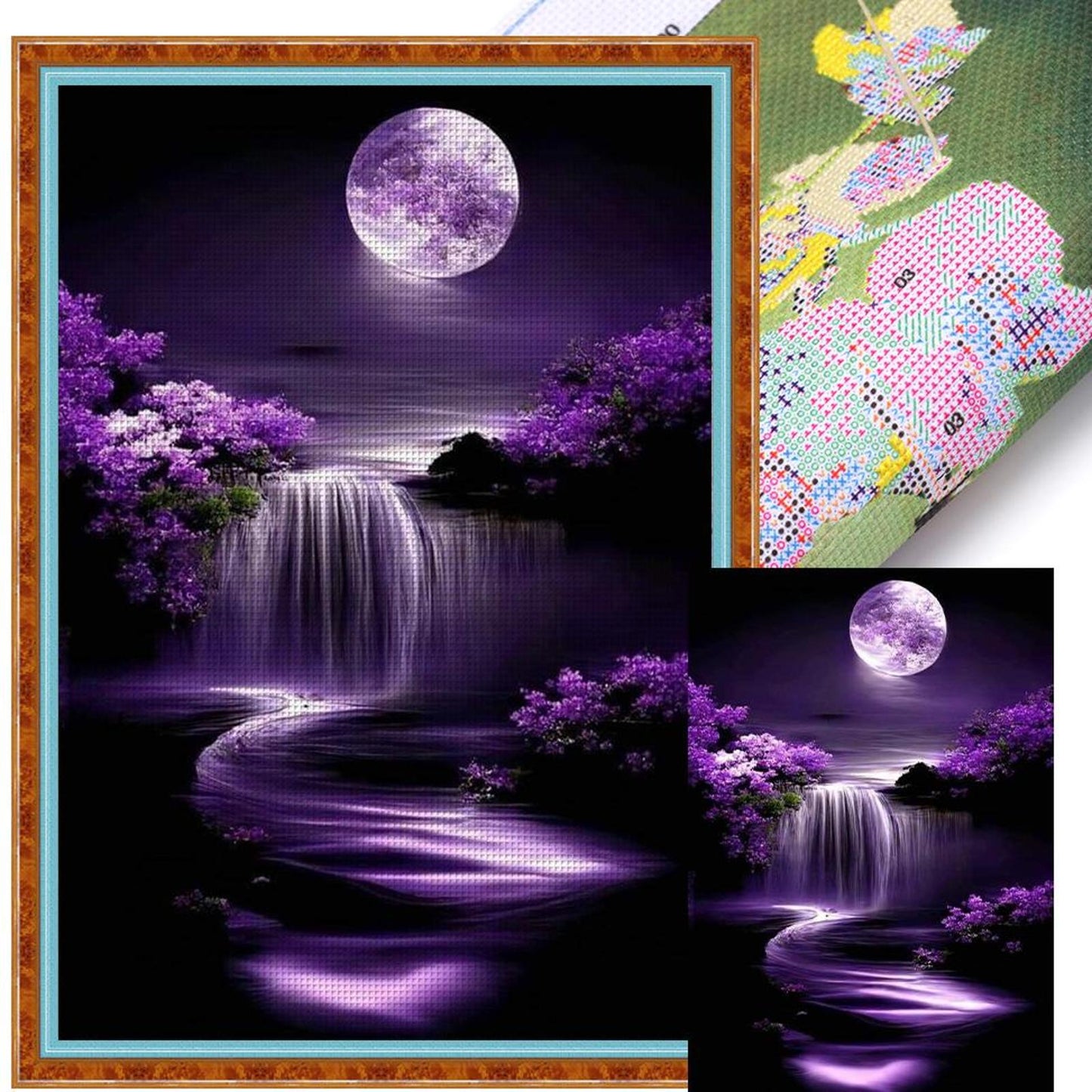 Purple Full Moon And Waterfall - Full 14CT Stamped Cross Stitch 40x60CM - Huacan