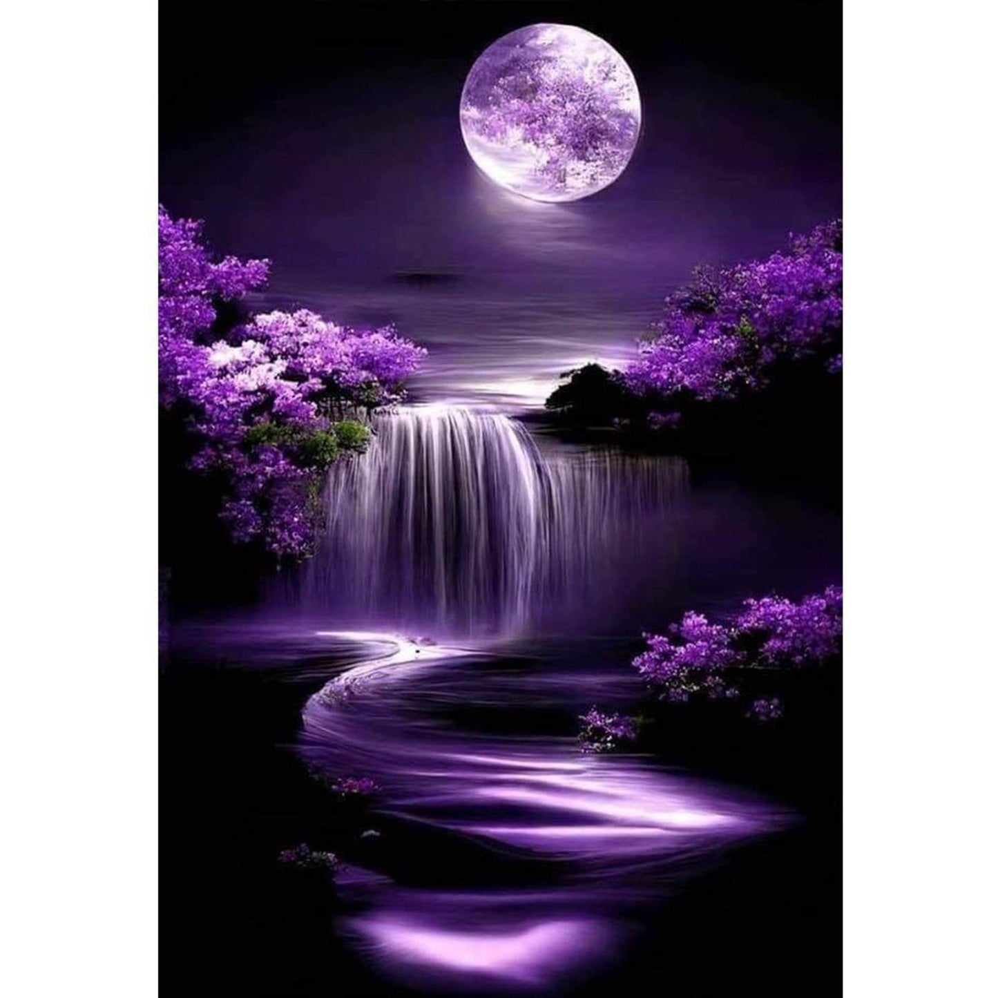 Purple Full Moon And Waterfall - Full 14CT Stamped Cross Stitch 40x60CM - Huacan