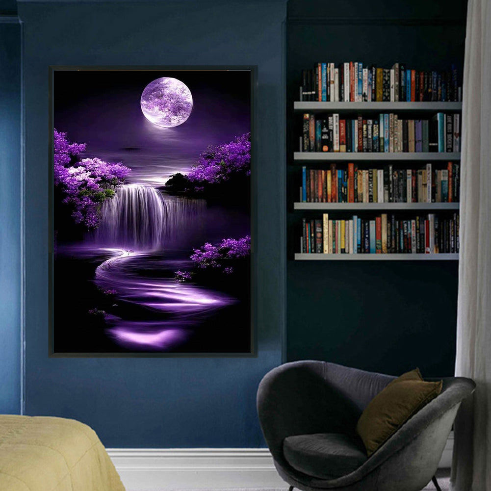 Purple Full Moon And Waterfall - Full 14CT Stamped Cross Stitch 40x60CM - Huacan
