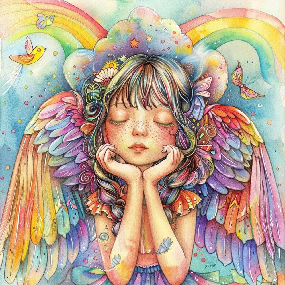 Colorful Feather Rainbow Angel Girl 30*30CM(Canvas) Full Round Drill Diamond Painting