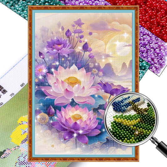 Purple Lotus - Full  9CT Stamped Cross Stitch - Bead Embroidery 44x64CM/17.32x25.20in