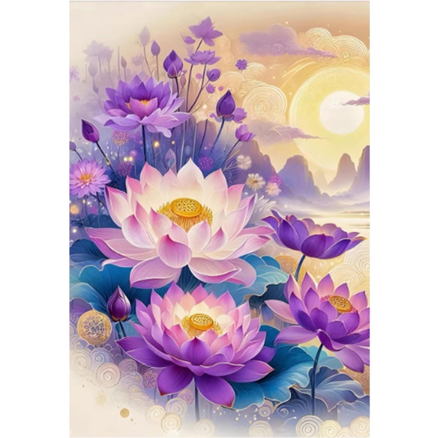 Purple Lotus - Full  9CT Stamped Cross Stitch - Bead Embroidery 44x64CM/17.32x25.20in
