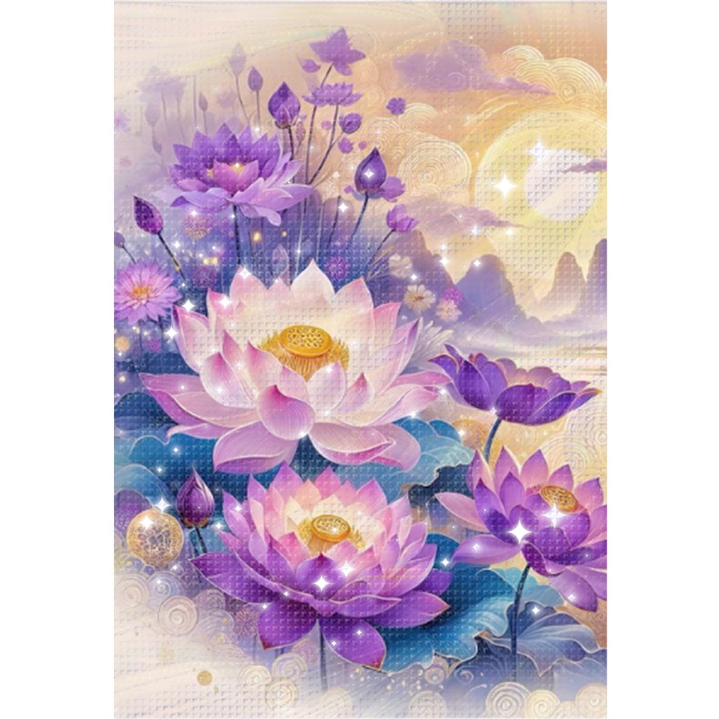 Purple Lotus - Full  9CT Stamped Cross Stitch - Bead Embroidery 44x64CM/17.32x25.20in