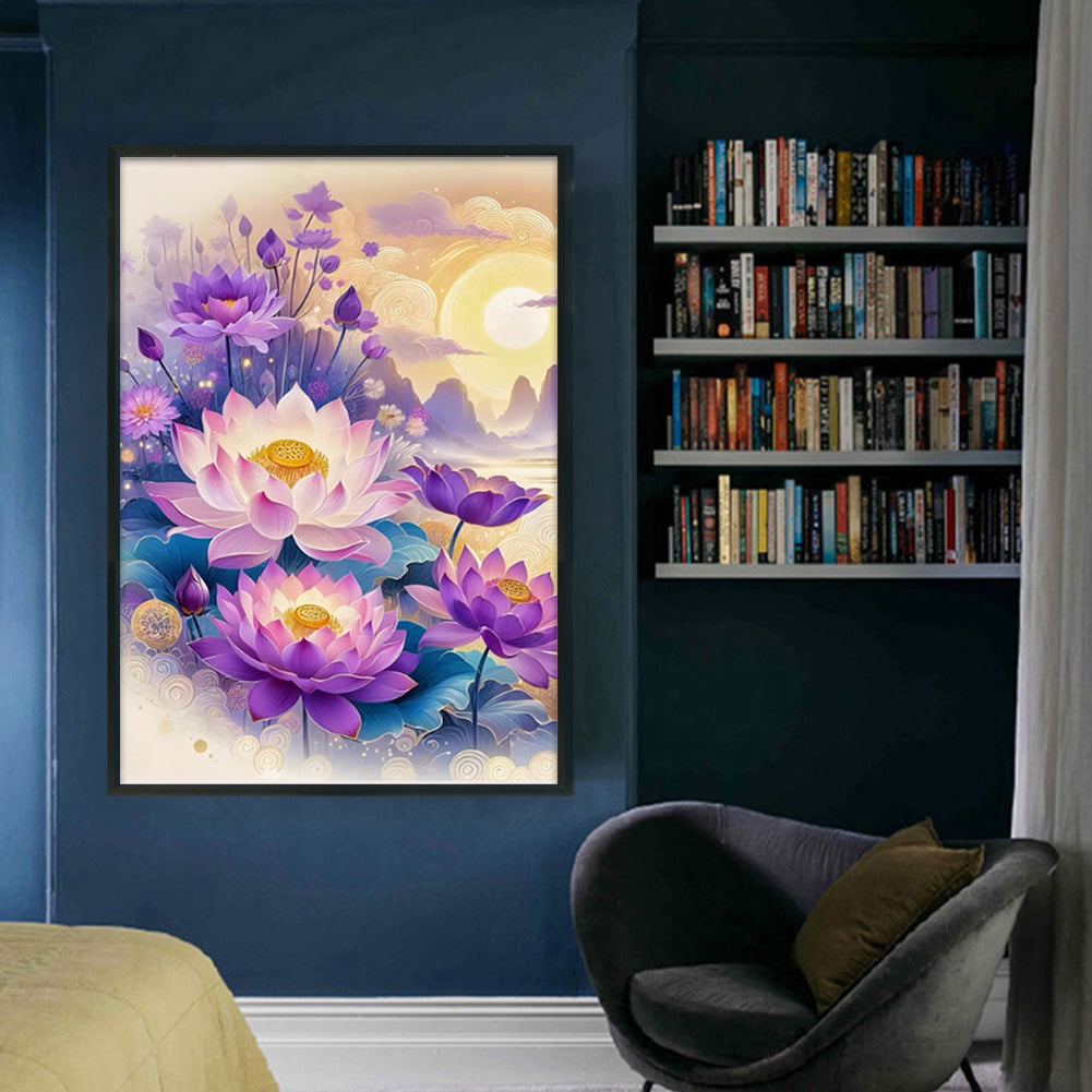 Purple Lotus - Full  9CT Stamped Cross Stitch - Bead Embroidery 44x64CM/17.32x25.20in