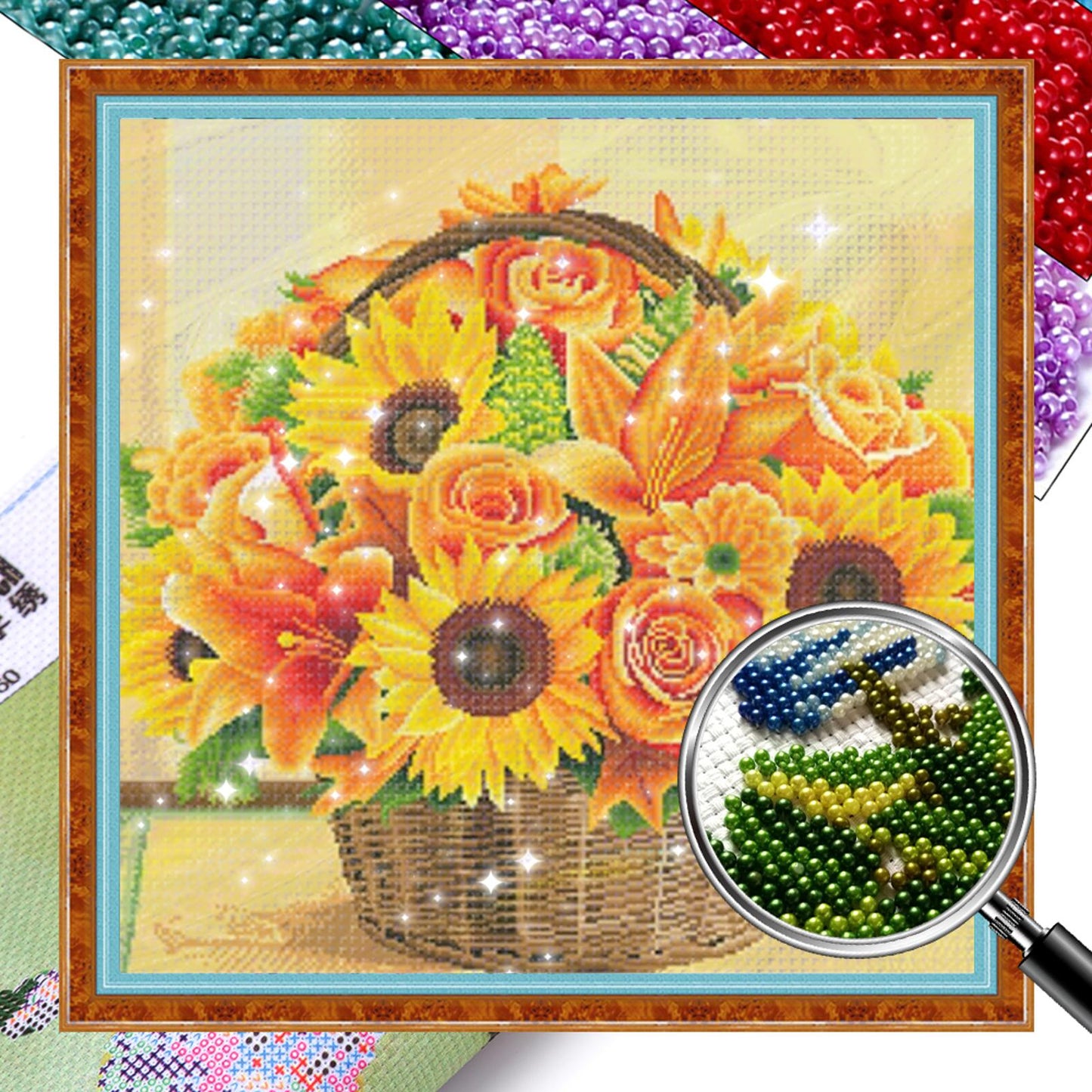 Sunflower Flower Basket - Full  9CT Stamped Cross Stitch - Bead Embroidery 40x40CM/15.75x15.75in