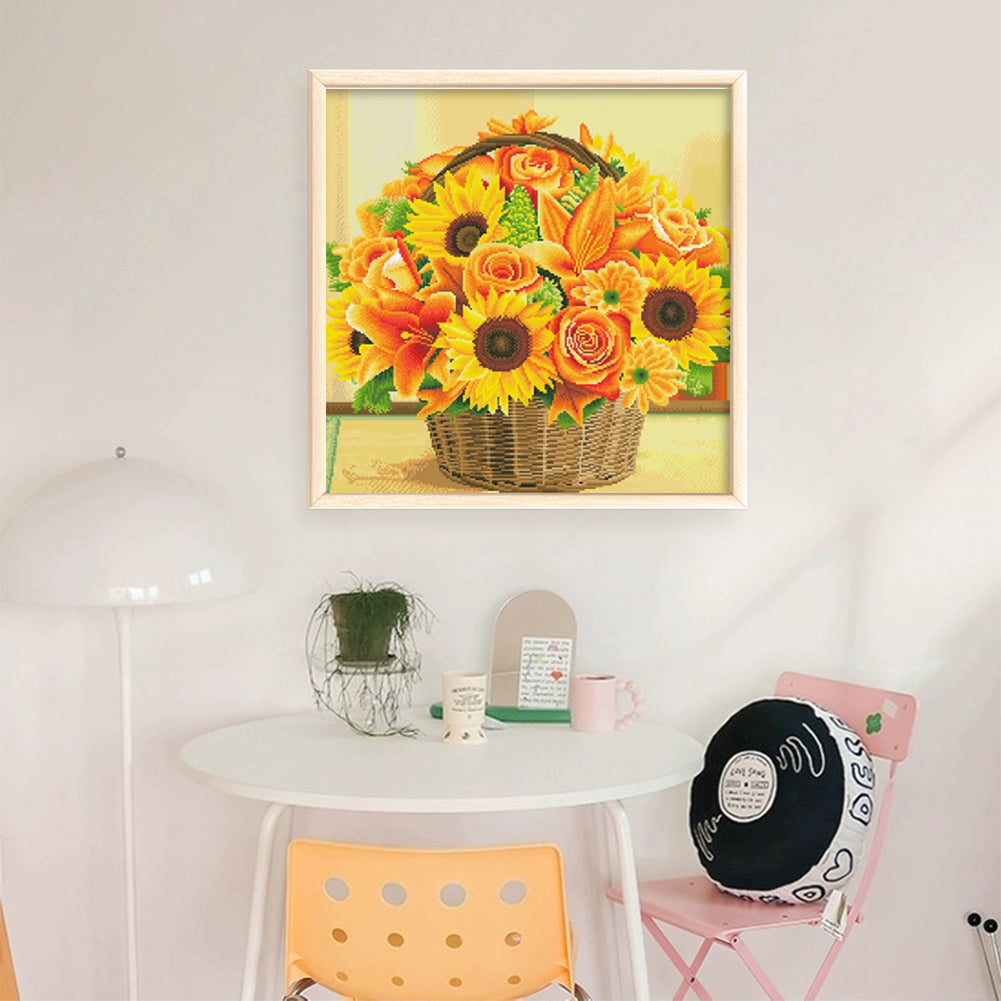 Sunflower Flower Basket - Full  9CT Stamped Cross Stitch - Bead Embroidery 40x40CM/15.75x15.75in