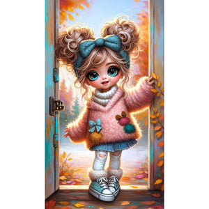 Pink Sweater Door Frame Girl Girl 40*70CM(Canvas) Full Round Drill Diamond Painting