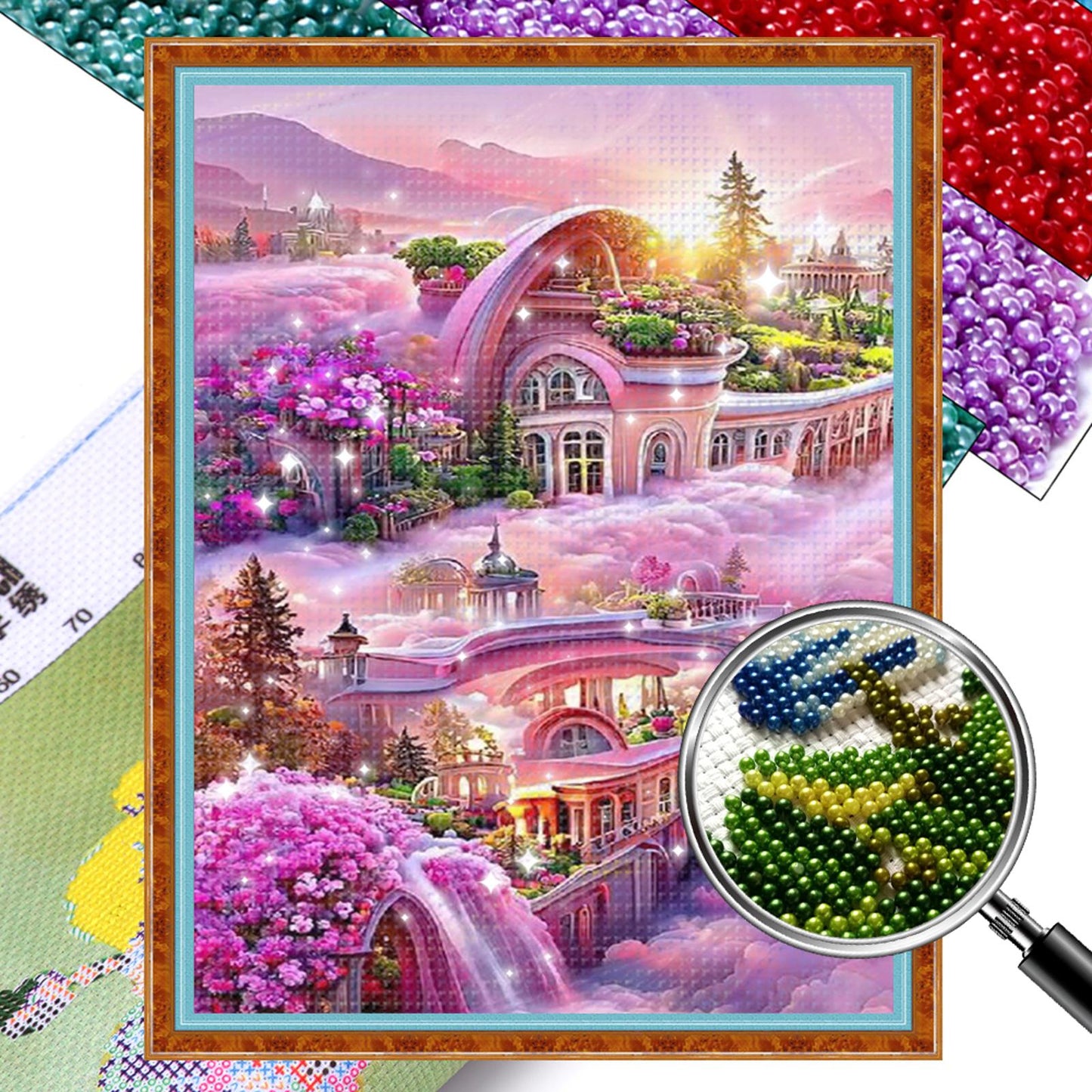 Pink Castle - Full  9CT Stamped Cross Stitch - Bead Embroidery 40x64CM/15.75x25.20in