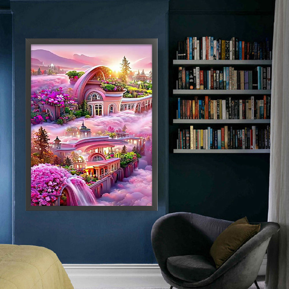Pink Castle - Full  9CT Stamped Cross Stitch - Bead Embroidery 40x64CM/15.75x25.20in