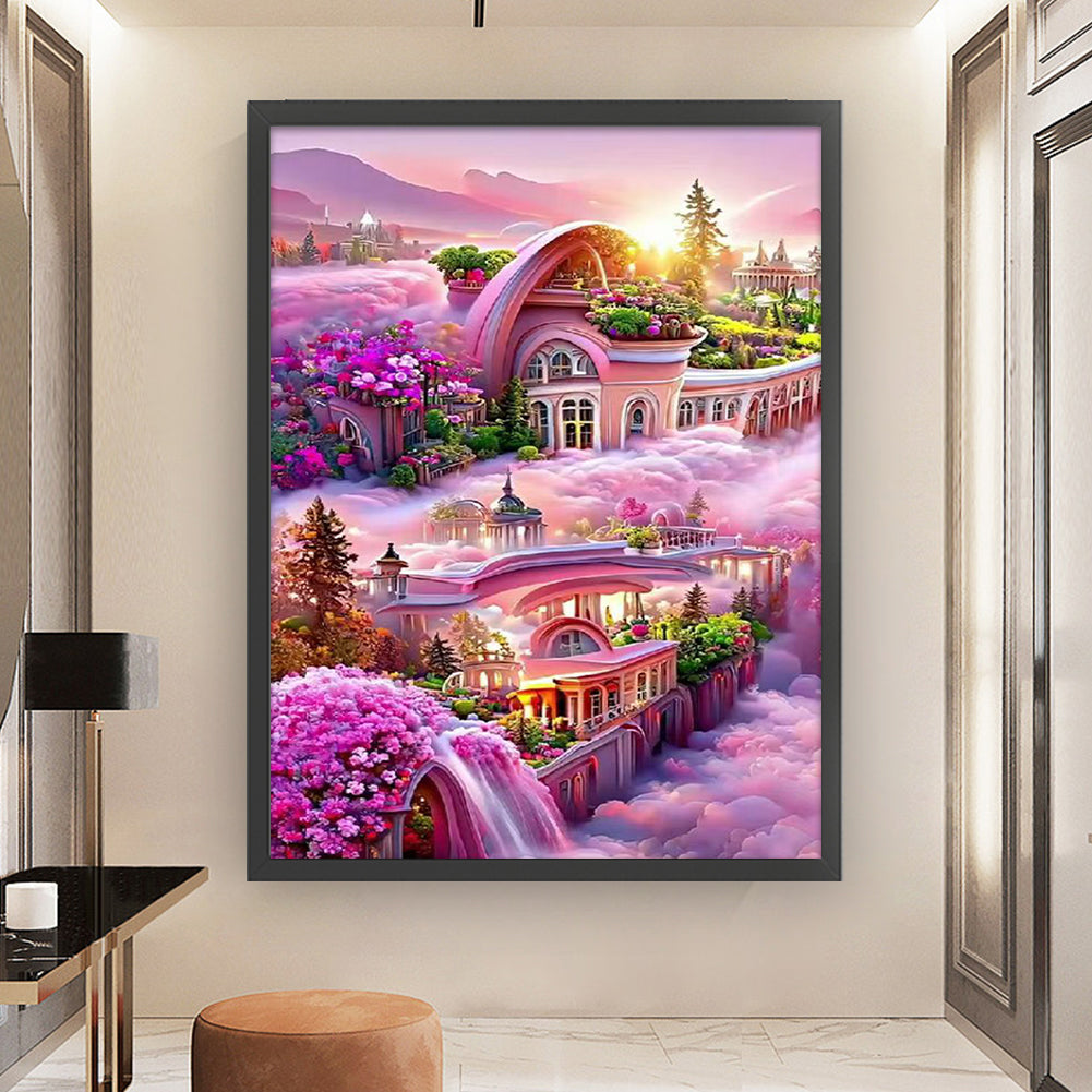 Pink Castle - Full  9CT Stamped Cross Stitch - Bead Embroidery 40x64CM/15.75x25.20in