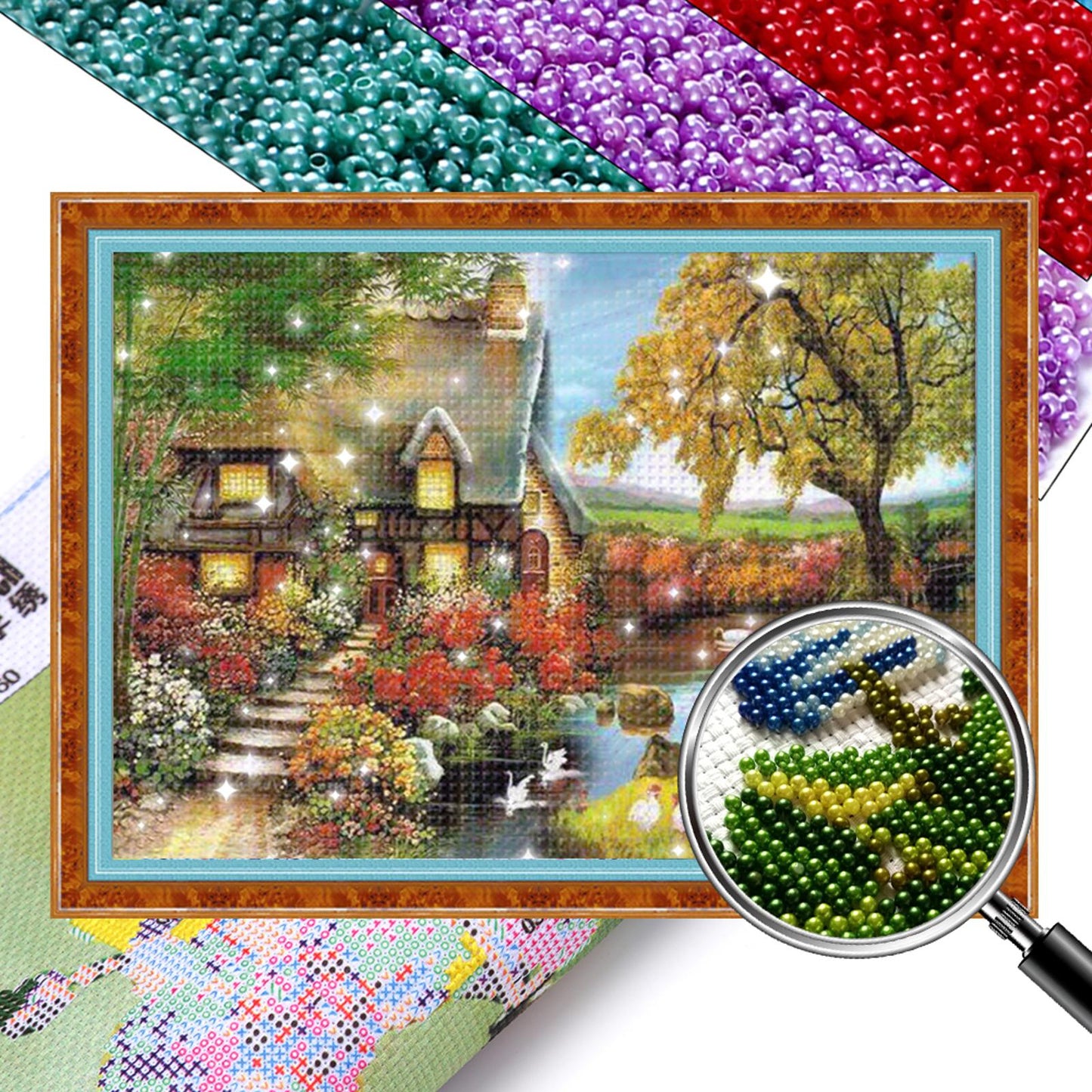 Green Bamboo Cottage - Full  9CT Stamped Cross Stitch - Bead Embroidery 60x45CM/23.62x17.72in