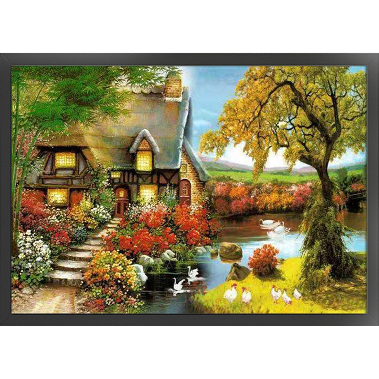 Green Bamboo Cottage - Full  9CT Stamped Cross Stitch - Bead Embroidery 60x45CM/23.62x17.72in
