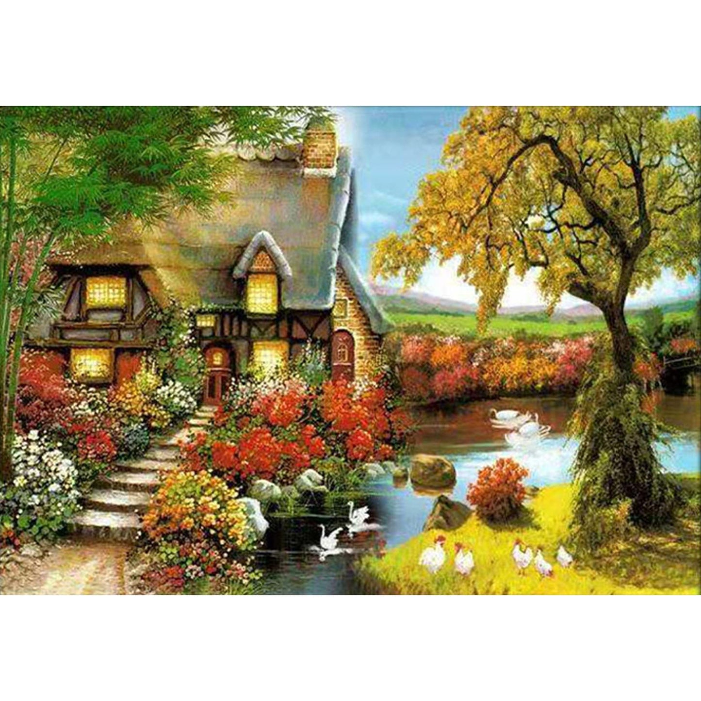 Green Bamboo Cottage - Full  9CT Stamped Cross Stitch - Bead Embroidery 60x45CM/23.62x17.72in