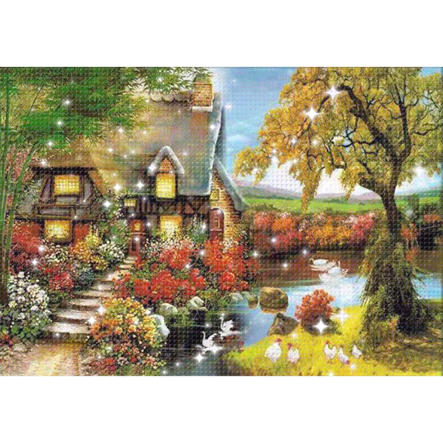 Green Bamboo Cottage - Full  9CT Stamped Cross Stitch - Bead Embroidery 60x45CM/23.62x17.72in