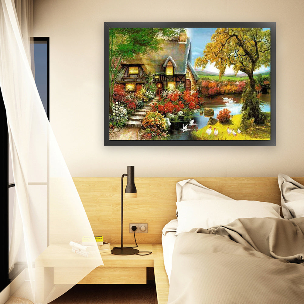 Green Bamboo Cottage - Full  9CT Stamped Cross Stitch - Bead Embroidery 60x45CM/23.62x17.72in