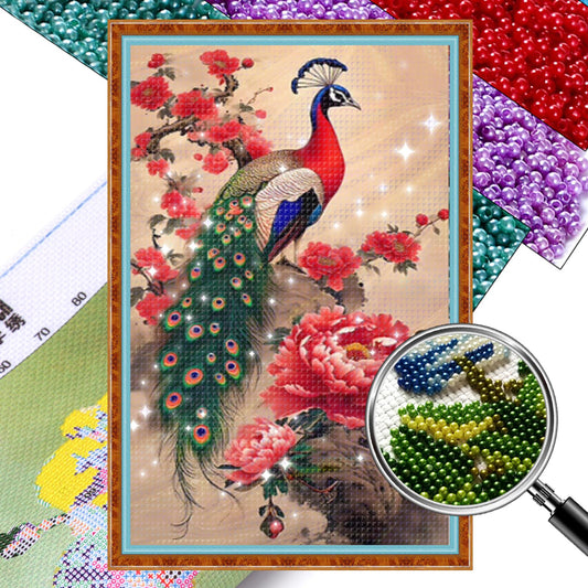 Peacock on Branch - Full  9CT Stamped Cross Stitch - Bead Embroidery 40x74CM/15.75x29.13in