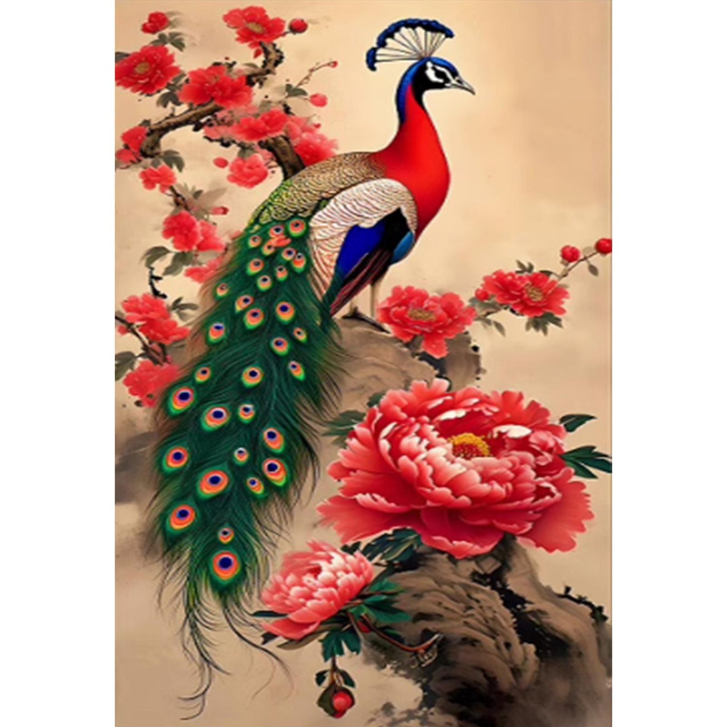 Peacock on Branch - Full  9CT Stamped Cross Stitch - Bead Embroidery 40x74CM/15.75x29.13in