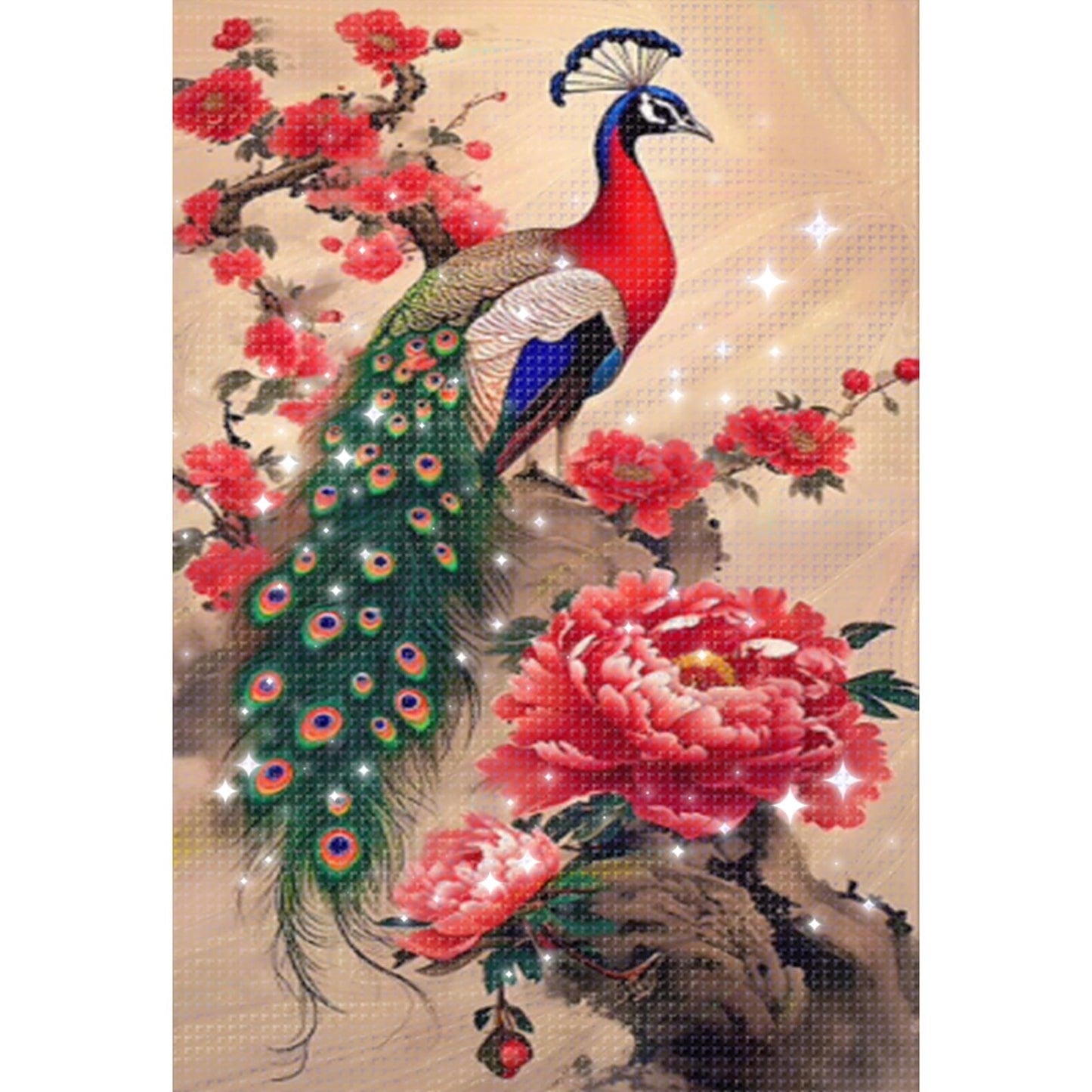 Peacock on Branch - Full  9CT Stamped Cross Stitch - Bead Embroidery 40x74CM/15.75x29.13in
