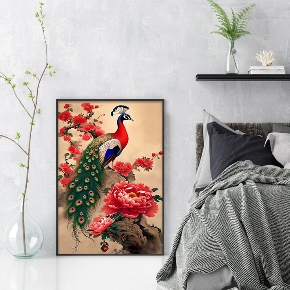 Peacock on Branch - Full  9CT Stamped Cross Stitch - Bead Embroidery 40x74CM/15.75x29.13in