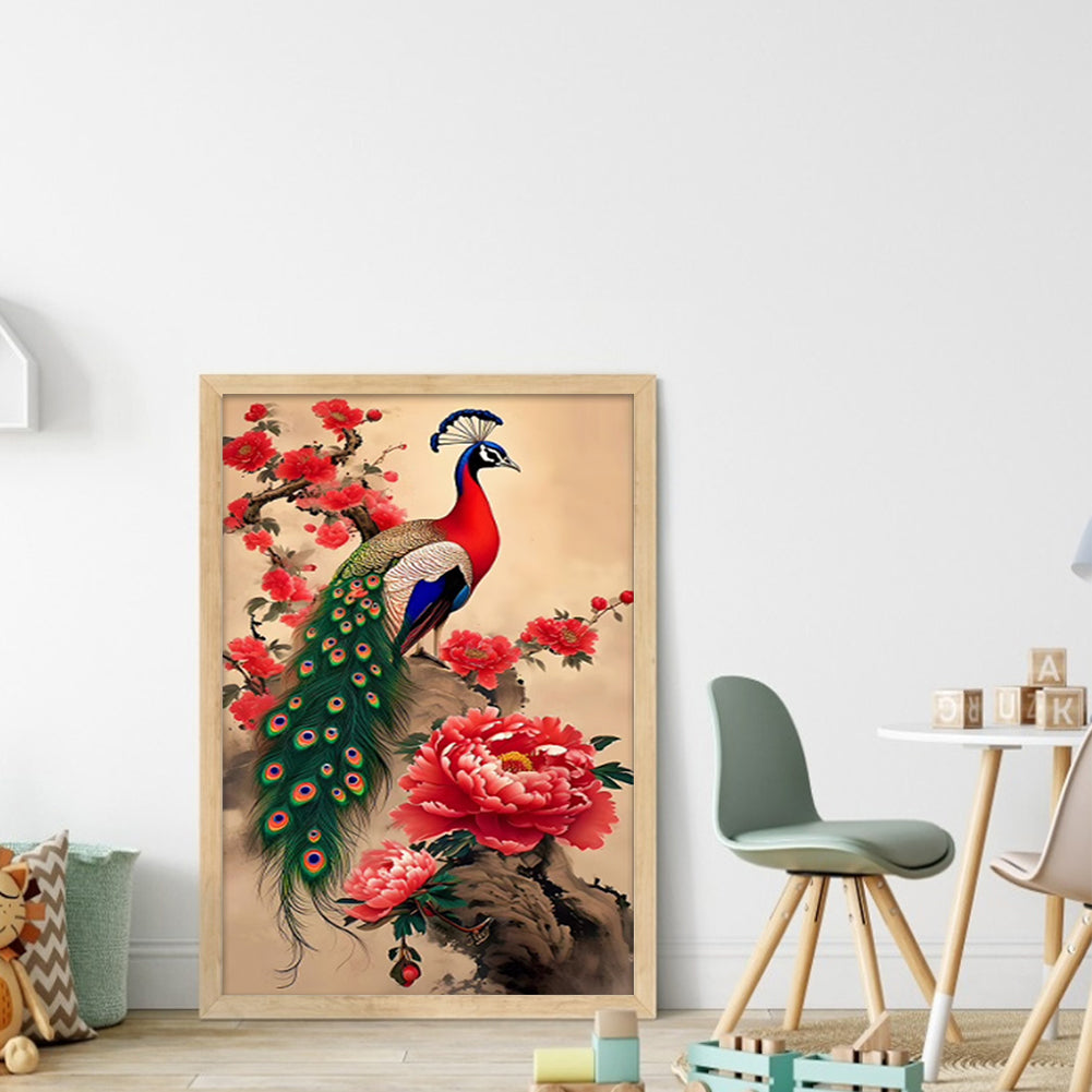 Peacock on Branch - Full  9CT Stamped Cross Stitch - Bead Embroidery 40x74CM/15.75x29.13in