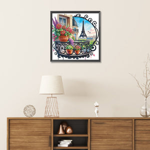 The Garden Balcony With A View Of The Eiffel Tower 30*30CM(Canvas) Partial Special Shaped Drill Diamond Painting