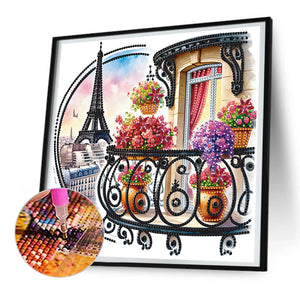 The Garden Balcony With A View Of The Eiffel Tower 30*30CM(Canvas) Partial Special Shaped Drill Diamond Painting