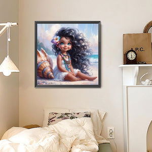 Curly-Haired Girl By The Sea With Shells 30*30CM(Canvas) Full Round Drill Diamond Painting