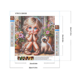 Door Girl And Kitten Girl 30*30CM(Canvas) Full Round Drill Diamond Painting