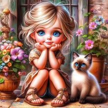 Load image into Gallery viewer, Door Girl And Kitten Girl 30*30CM(Canvas) Full Round Drill Diamond Painting
