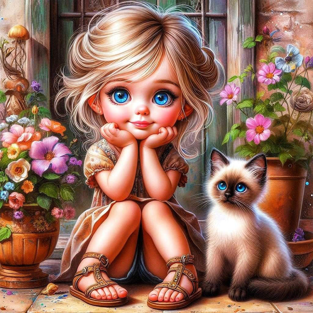 Door Girl And Kitten Girl 30*30CM(Canvas) Full Round Drill Diamond Painting