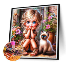 Load image into Gallery viewer, Door Girl And Kitten Girl 30*30CM(Canvas) Full Round Drill Diamond Painting
