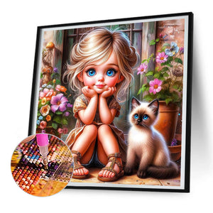 Door Girl And Kitten Girl 30*30CM(Canvas) Full Round Drill Diamond Painting