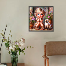 Load image into Gallery viewer, Door Girl And Kitten Girl 30*30CM(Canvas) Full Round Drill Diamond Painting
