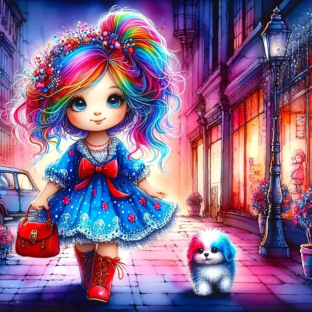 Colorful Hair Girl And Colorful Puppy 30*30CM(Canvas) Full Round Drill Diamond Painting