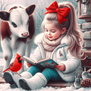 Cow Red Cardinal Reading Girl 30*30CM(Canvas) Full Round Drill Diamond Painting